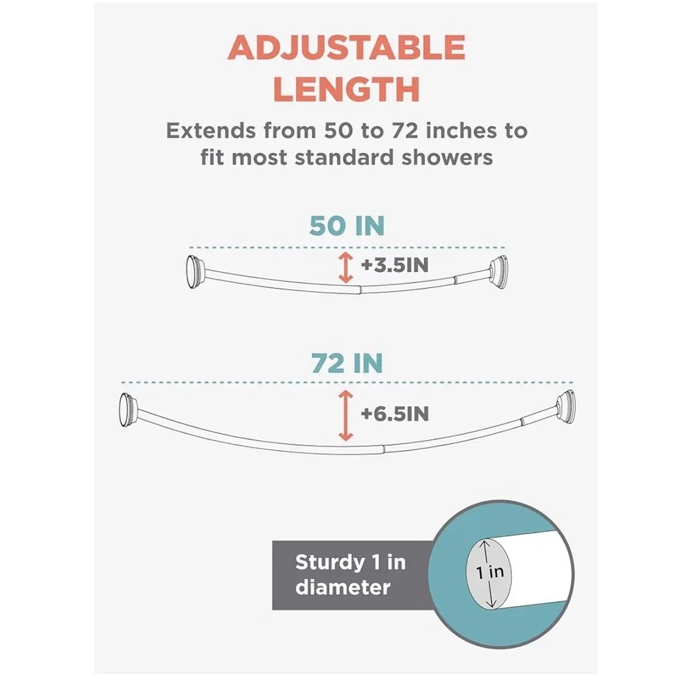 Adjustable Curved Shower Curtain Rod Brushed Nickel 50-72 Inch Wall Mount Bath